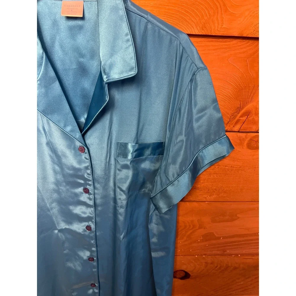 Cabernet Sleepwear Turquoise Teal Satin Button Down Pajama Nightshirt LG Lightwt